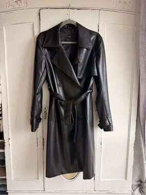 Sicily Black Faux Leather Double-Breasted Trench with Belt